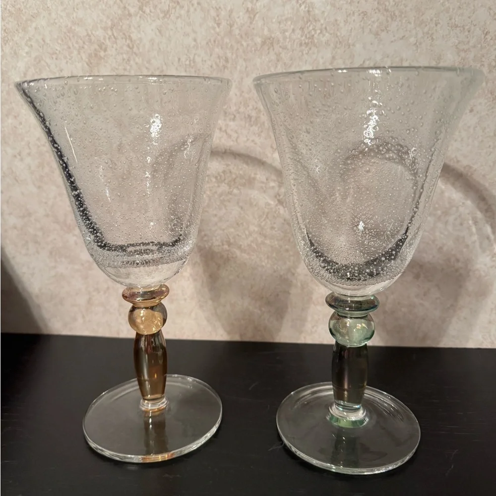 Elegant Clear Glass Goblets with Colored Stems set of 4 two of each color